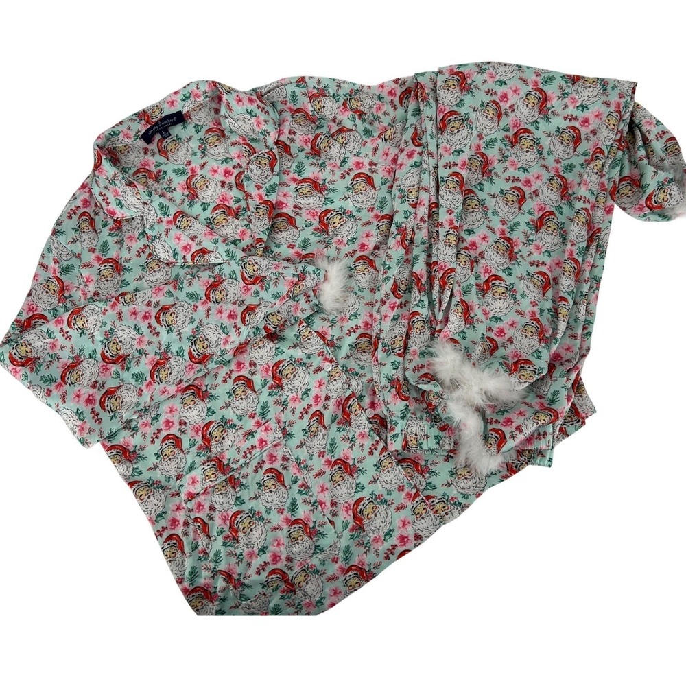 Simply Southern Silky Santa Christmas Pajamas with Feather Trim‎ Size Large